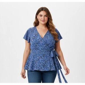 Old Navy Ditsy Floral Wrap Top Women's XXL Blue Cottagecore Boho Coastal Prairie